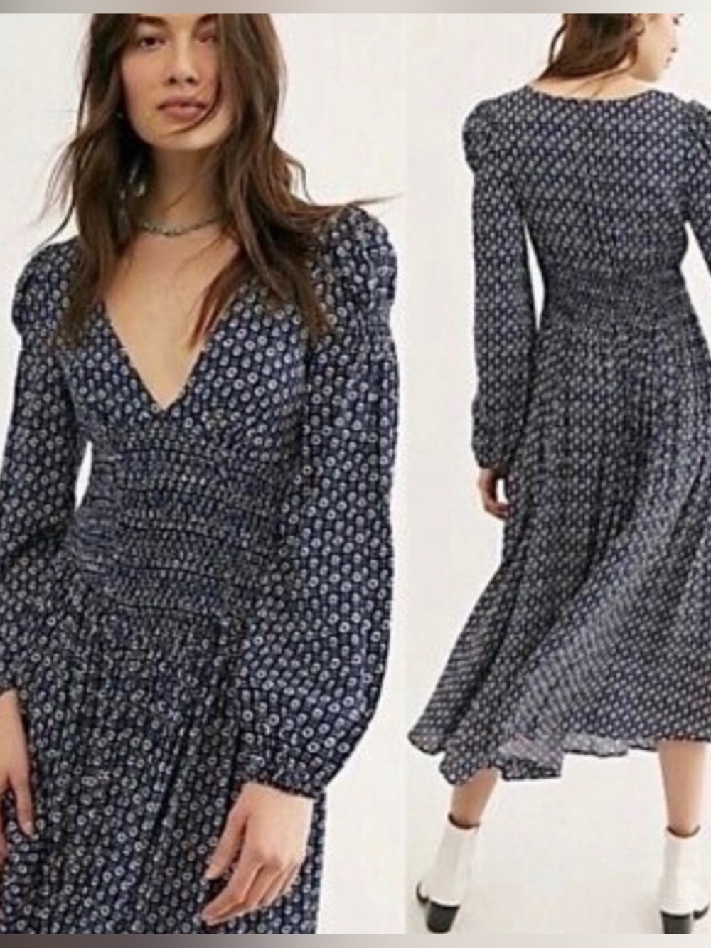 Free People Indigo Child Midi Dress Navy Blue Floral Smocked Waist Boho Womens M